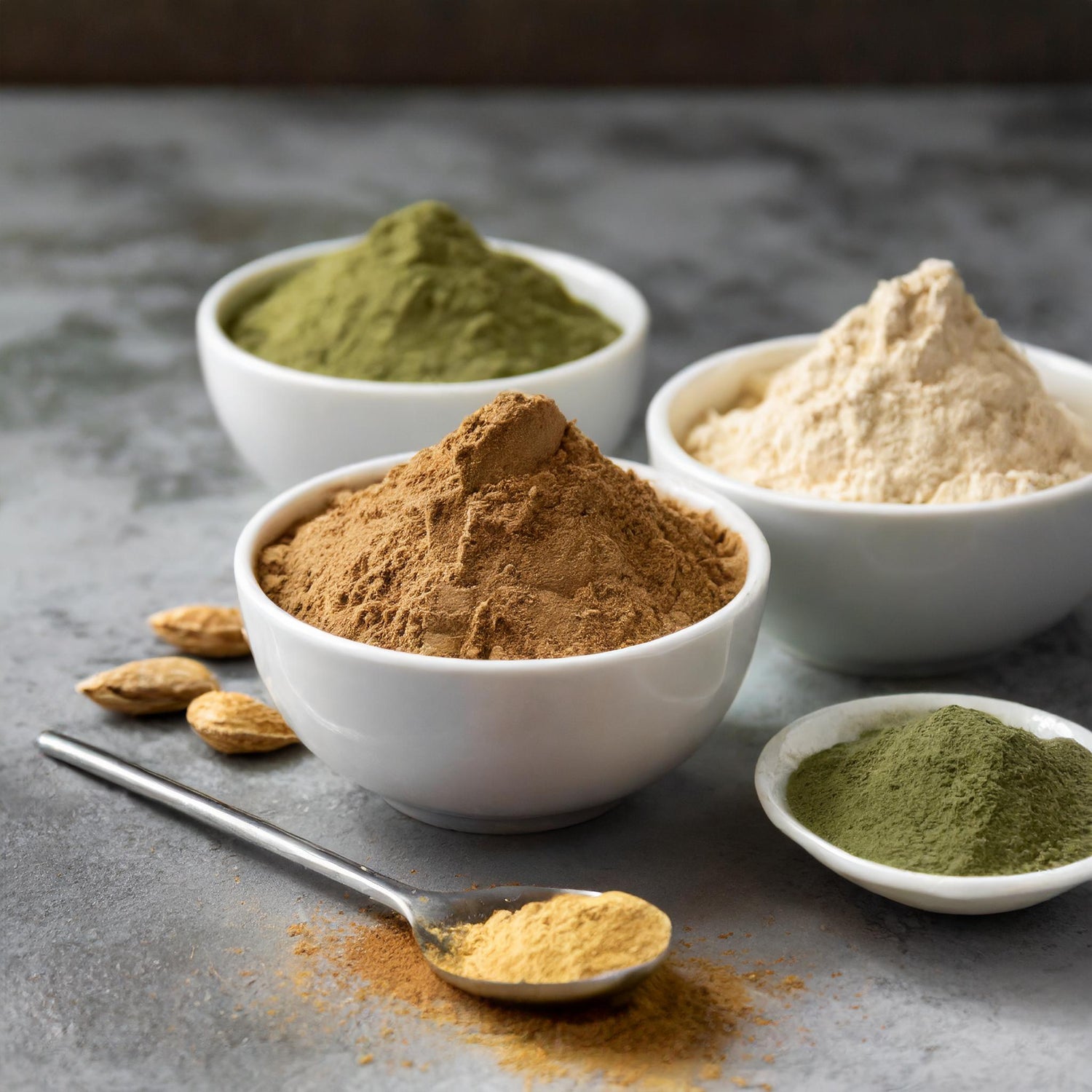 powdered maca, whey, and chlorella powders