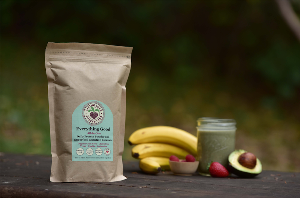 Sustainable eco friendly biodegradable packaging of LivingLove Superfoods all-in-one protein powders 